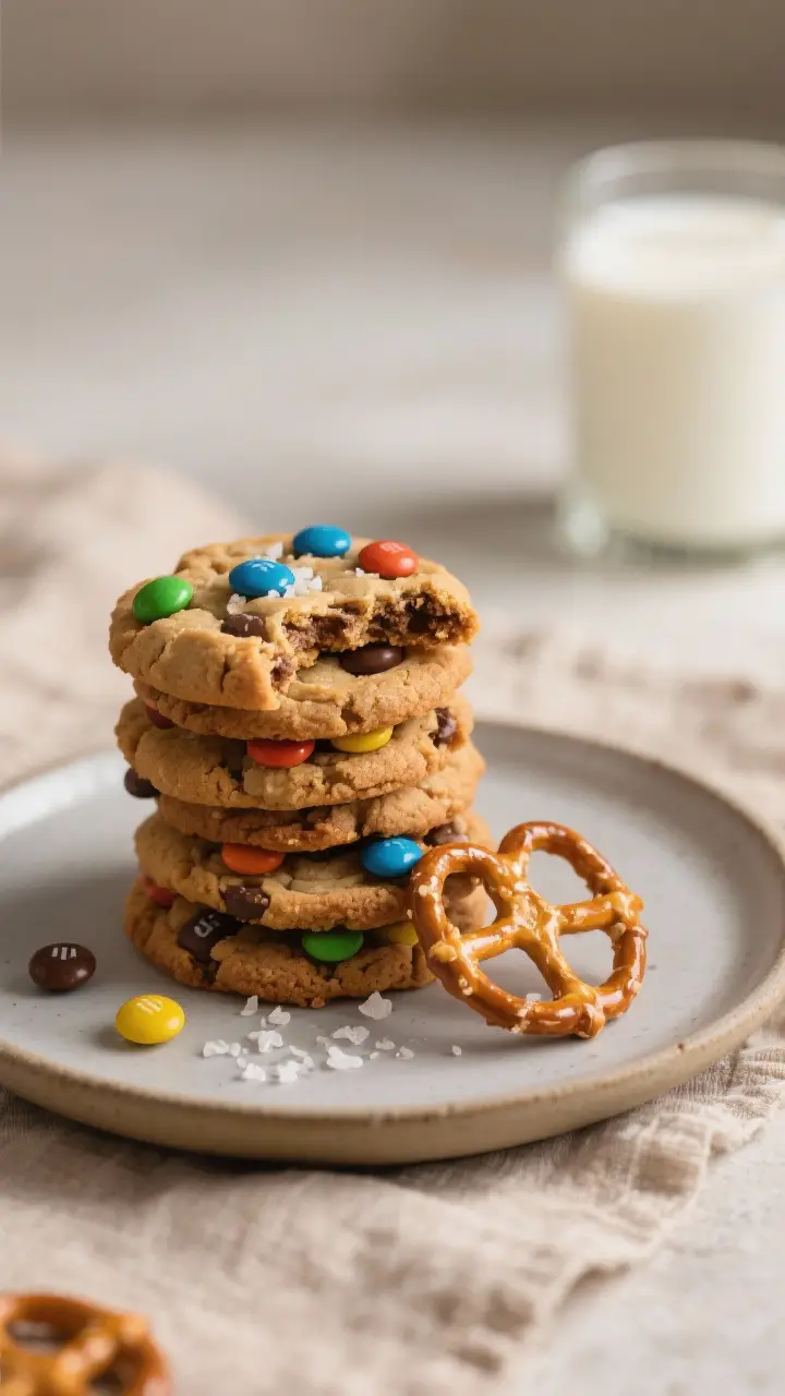 Final dish presentation: A styled plate of finished Browned Butter M&M Pretzel Cookies stacked and f