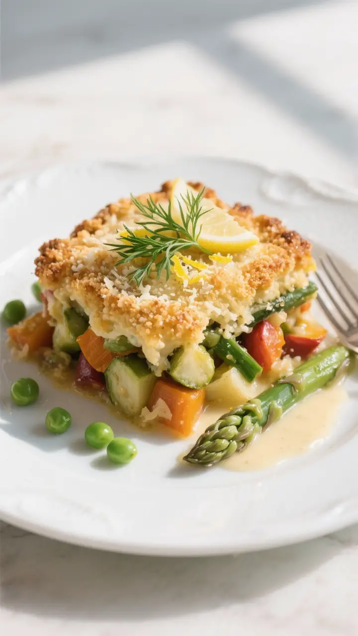 Final dish presentation – baked and plated: Beautifully plated serving of Spring Vegetable Cassero