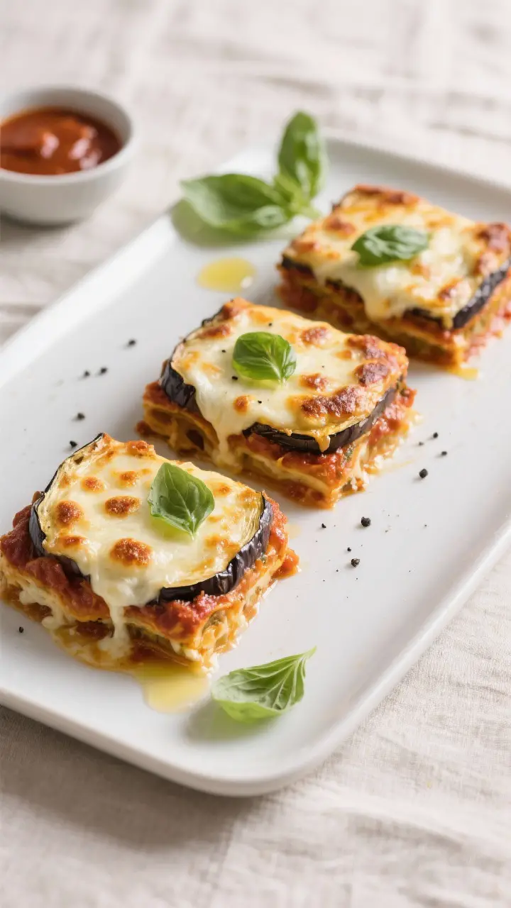 Final dish presentation: Beautifully baked Eggplant Parmesan just out of the oven, three tidy square