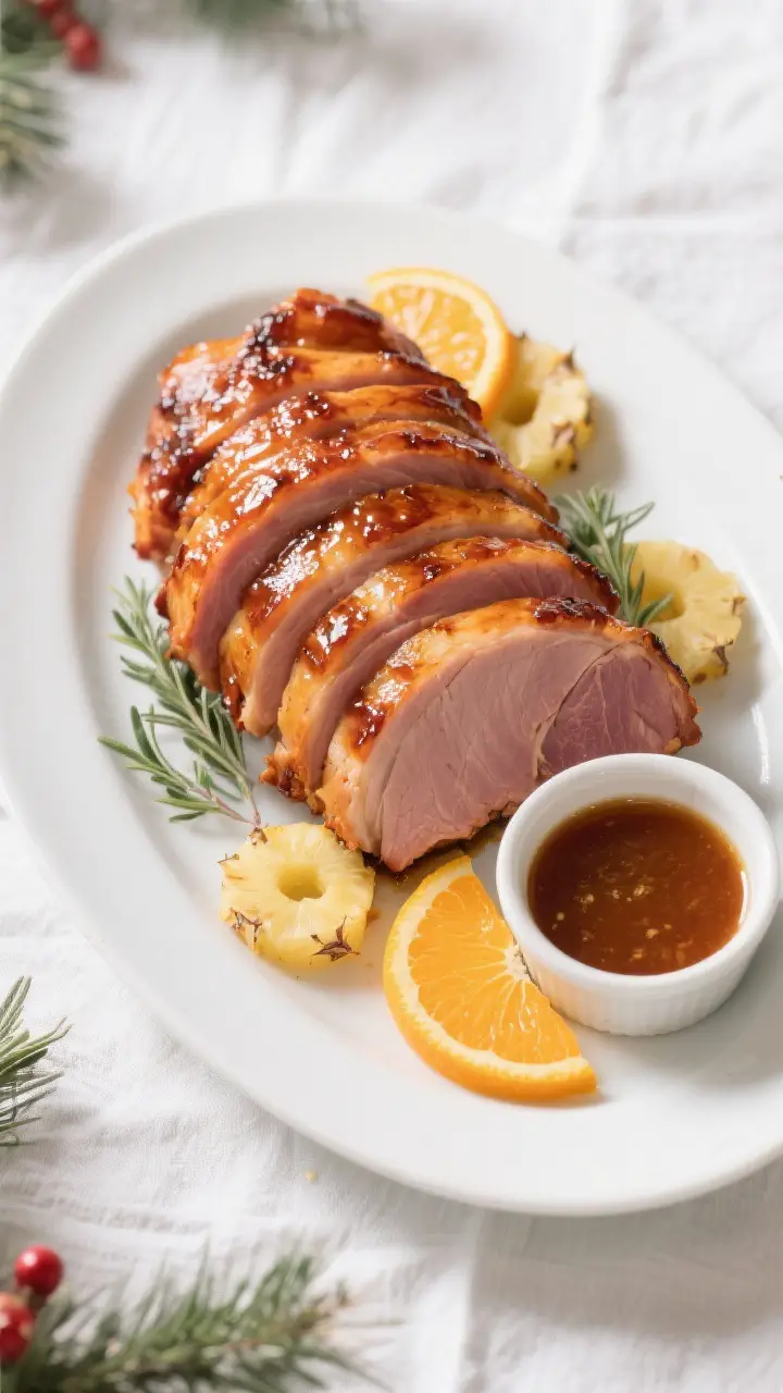 Final dish presentation: Beautifully plated broiled spiral ham on a white oval platter, lacquered, c