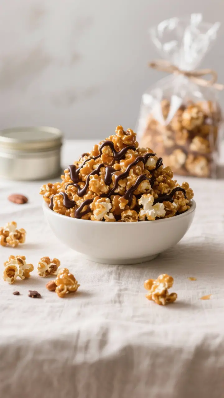 Final dish presentation: Beautifully plated caramel corn piled high in a matte white serving bowl, u