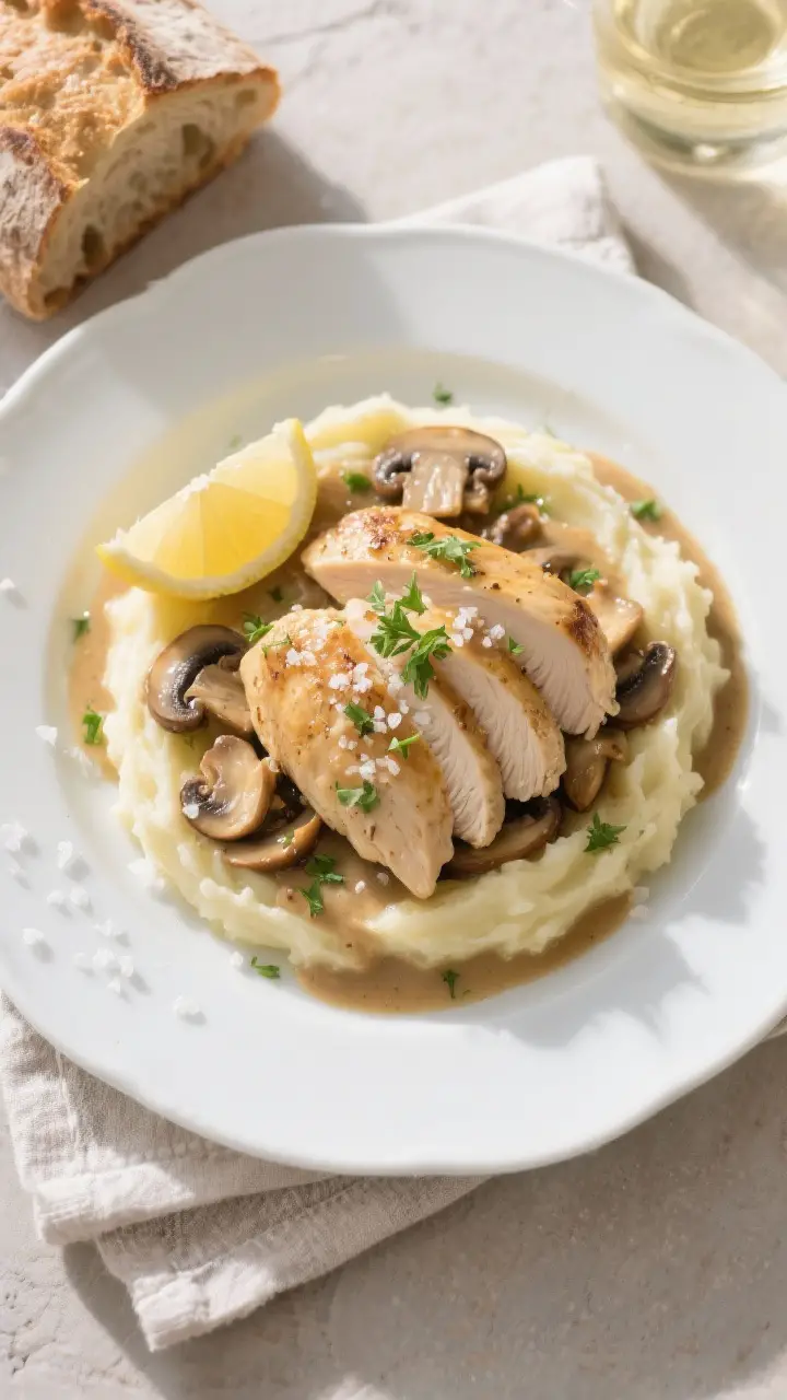 Final dish presentation: Beautifully plated Chicken with White Wine and Mushrooms—two sliced chick