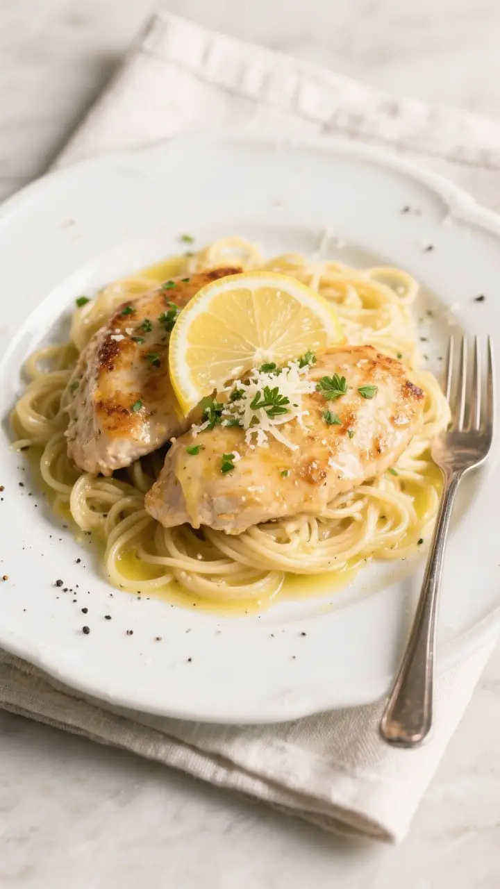 Final dish presentation: Beautifully plated Chicken Francese with Lemon Butter over twirl of angel h