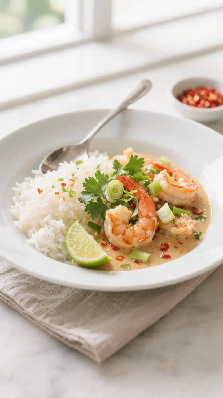 Final dish presentation: Beautifully plated Coconut Lime Shrimp with Rice in a wide, white shallow b