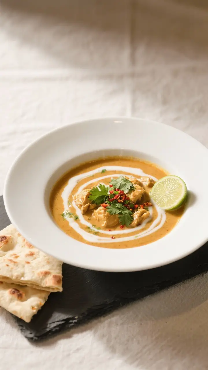 Final dish presentation: Beautifully plated Creamy Chicken Curry Soup in a wide white bowl, garnishe