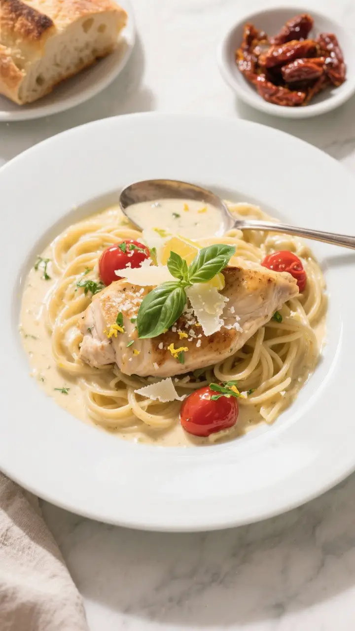 Final dish presentation: Beautifully plated Creamy Tuscan Chicken on a wide, shallow white plate ove