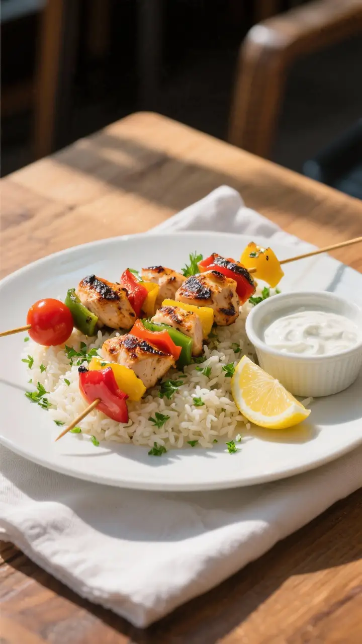 Final dish presentation: Beautifully plated grilled chicken and vegetable skewers arranged over fluf