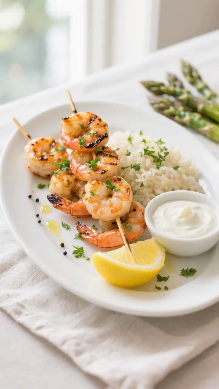 Final dish presentation: Beautifully plated Grilled Lemon Herb Shrimp Skewers on a white oval platte