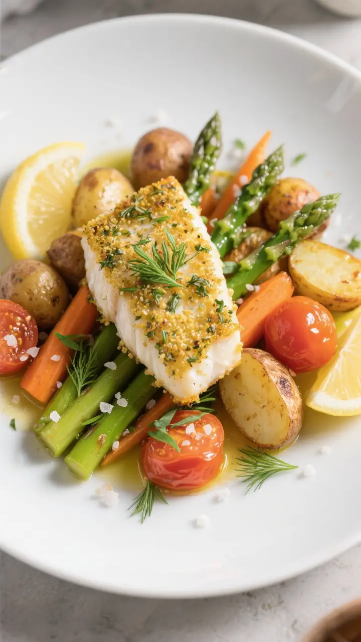 Final dish presentation: Beautifully plated herb-crusted cod with spring vegetables on a wide, matte