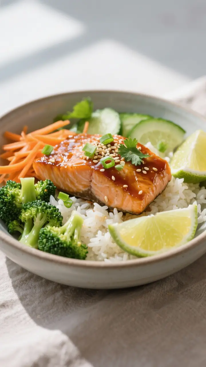 Final dish presentation: Beautifully plated Honey Garlic Salmon Bowl with a thick, shiny glaze over