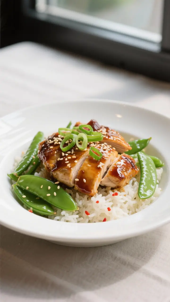 Final dish presentation: Beautifully plated Honey Garlic Chicken with Sugar Snap Peas over fluffy ja