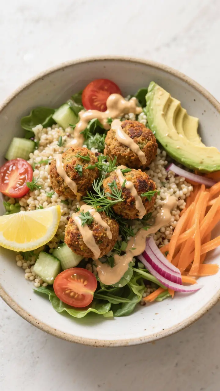Final dish presentation: Beautifully plated Lemon Tahini Falafel Bowl in a wide, shallow ceramic bow