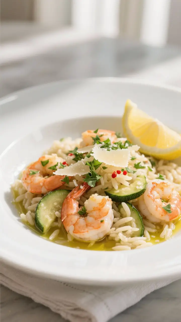 Final dish presentation: Beautifully plated lemon herb shrimp and zucchini over fluffy orzo on a wid