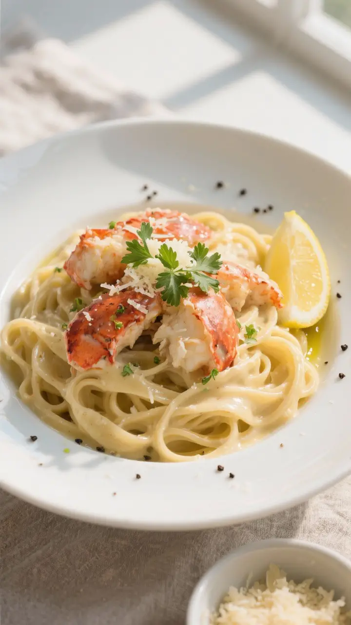 Final dish presentation: Beautifully plated Lobster Alfredo on a wide white bowl—twirls of glossy 