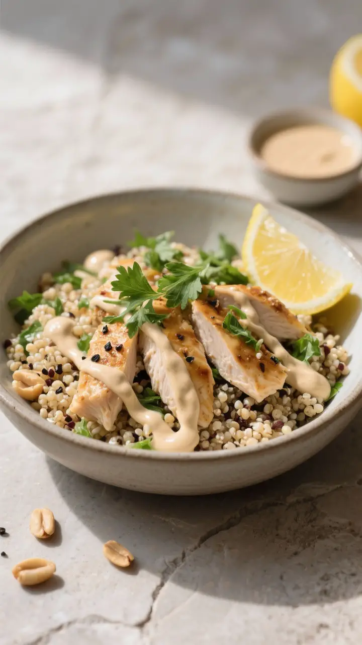 Final dish presentation: Beautifully plated Mediterranean Quinoa Bowl with Chicken drizzled with cre