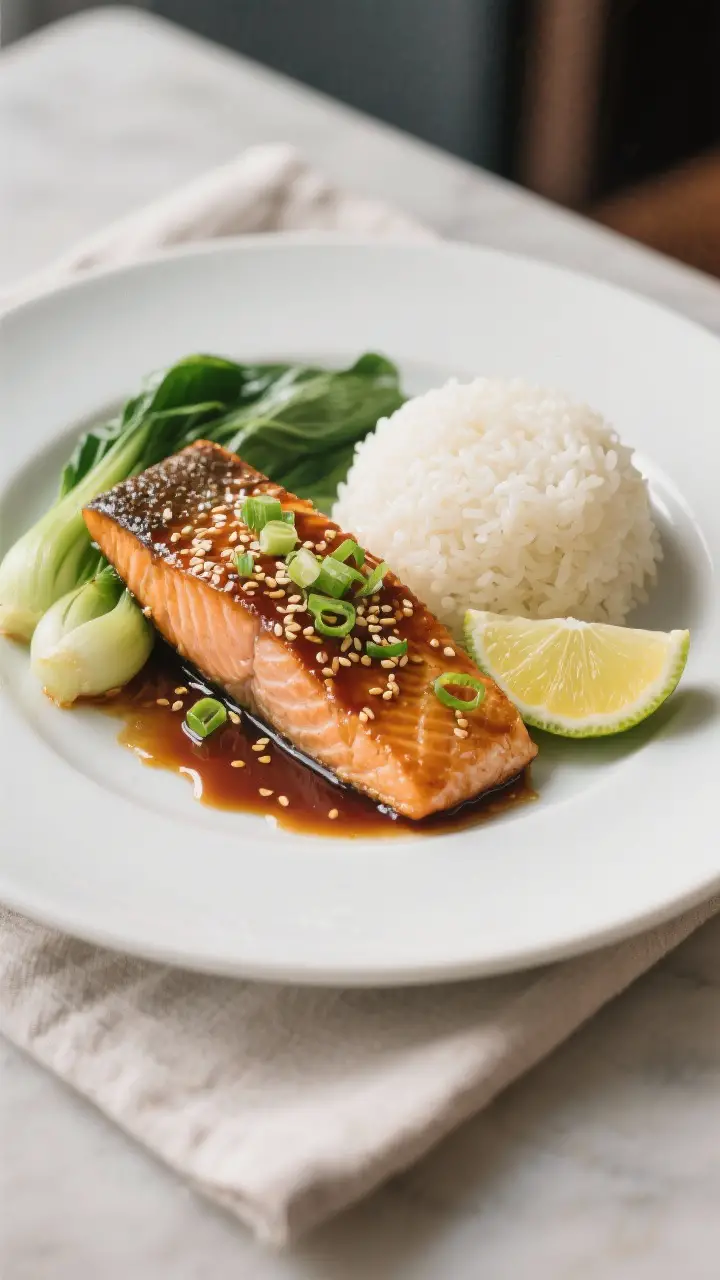 Final dish presentation: Beautifully plated miso glazed salmon with bok choy on a matte white cerami