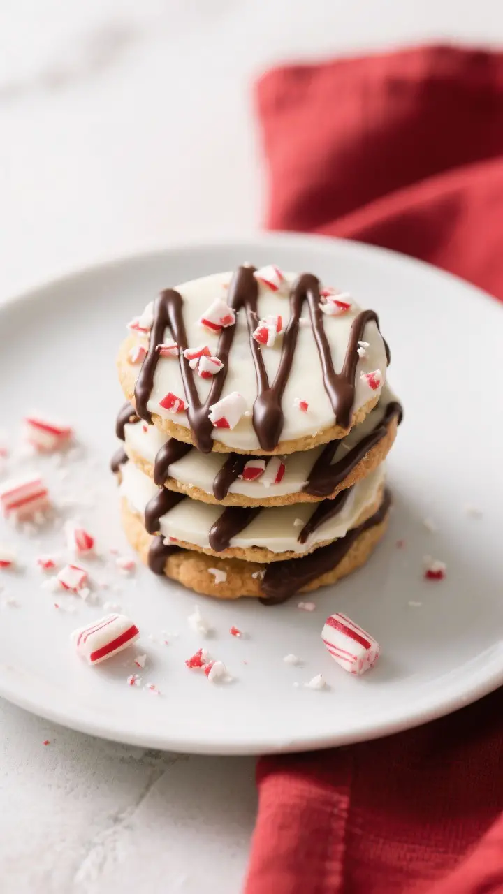 Final dish presentation: beautifully plated Peppermint Bark Cookies stacked and fanned on a matte wh