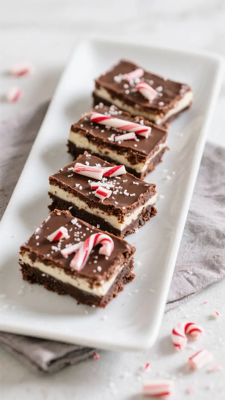 Final dish presentation: Beautifully plated peppermint bark brownies arranged in staggered squares o