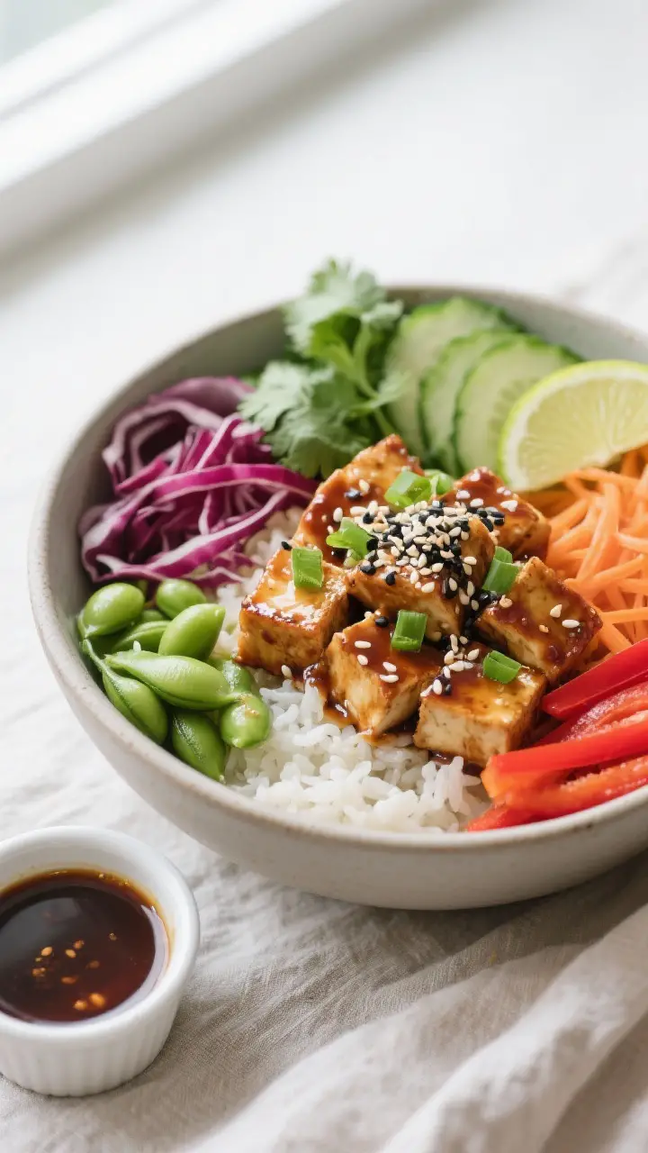 Final dish presentation: Beautifully plated Sesame Ginger Tofu Bowl with jasmine rice, saucy caramel