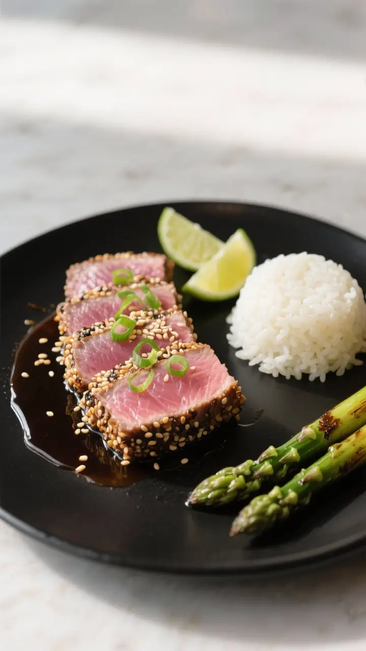 Final dish presentation: Beautifully plated sesame-crusted tuna steak sliced into thick, even pieces