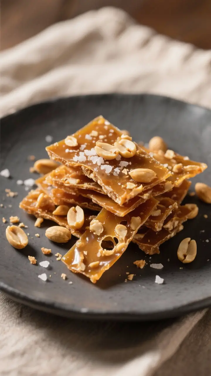 Final dish presentation: Beautifully plated shards of peanut brittle stacked casually on a matte cha
