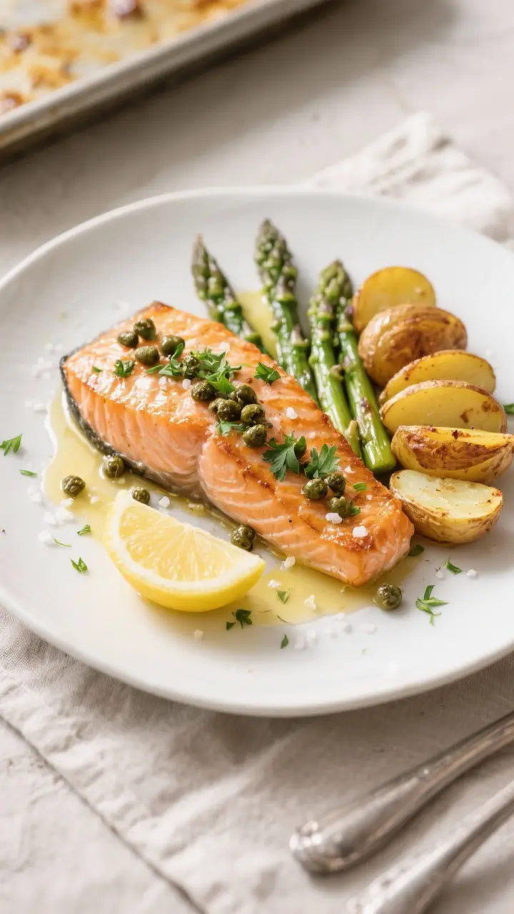 Final dish presentation: Beautifully plated sheet pan salmon dinner on a matte white plate—one sal