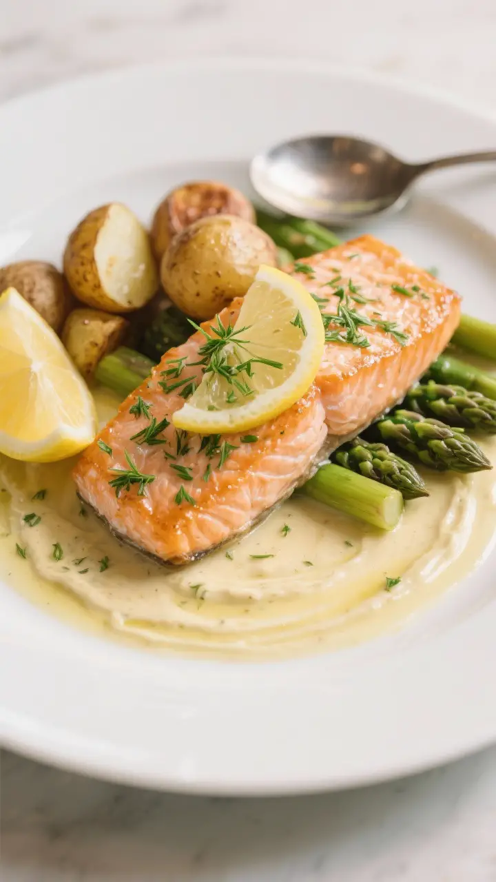 Final dish presentation: Beautifully plated Skillet Salmon with Lemon Dill Sauce on a matte white ri