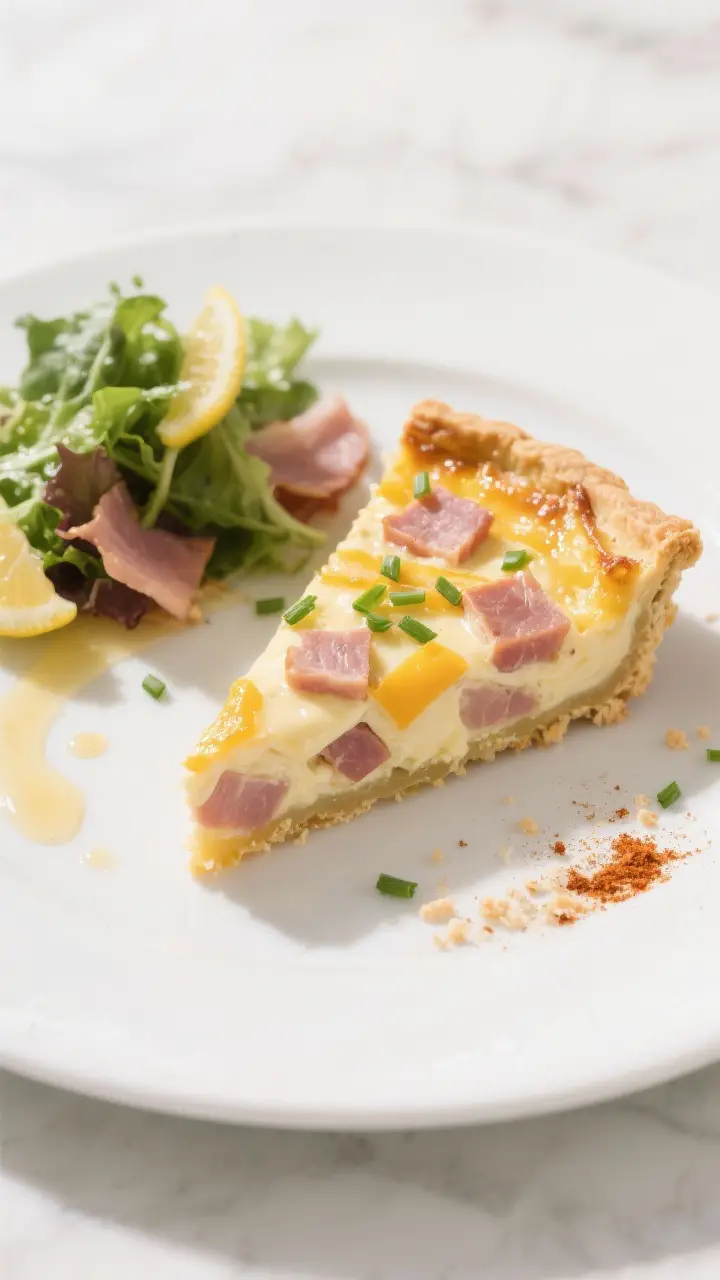 Final dish presentation: Beautifully plated slice of ham and cheese quiche with a clean, sharp cut s