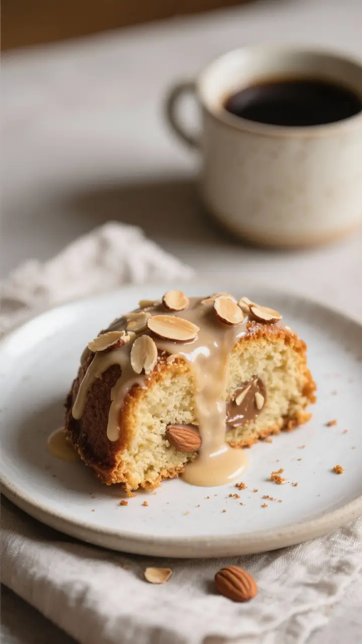Final dish presentation: Beautifully plated slice of Almond Coffee Cake Ring on a matte white plate,