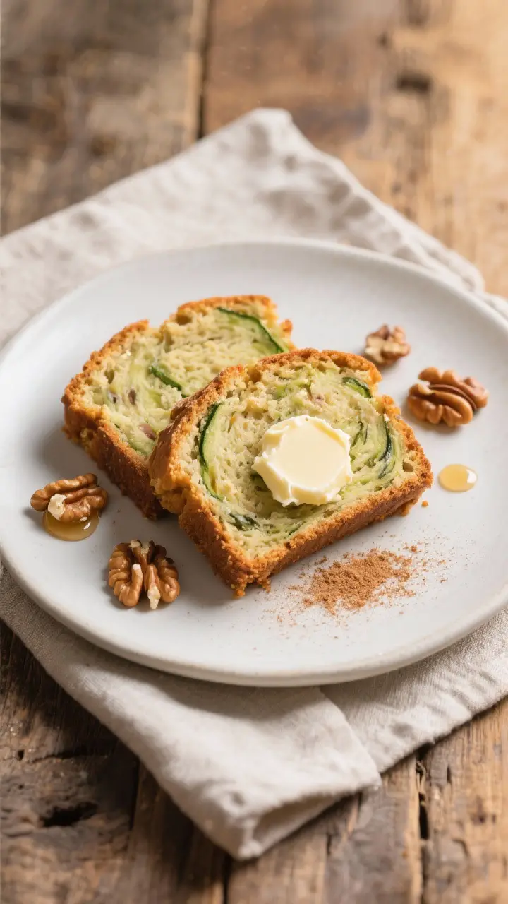 Final dish presentation: Beautifully plated slices of Mom’s zucchini bread arranged on a matte whi