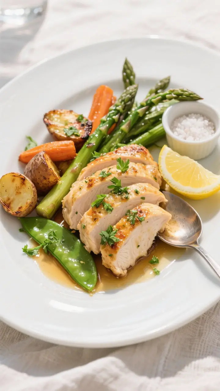 Final dish presentation: Beautifully plated slices of lemon herb roasted chicken with a medley of ro