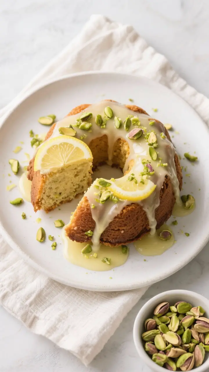 Final dish presentation: Beautifully plated slices of Lemon Pistachio Bundt cake on a matte white pl