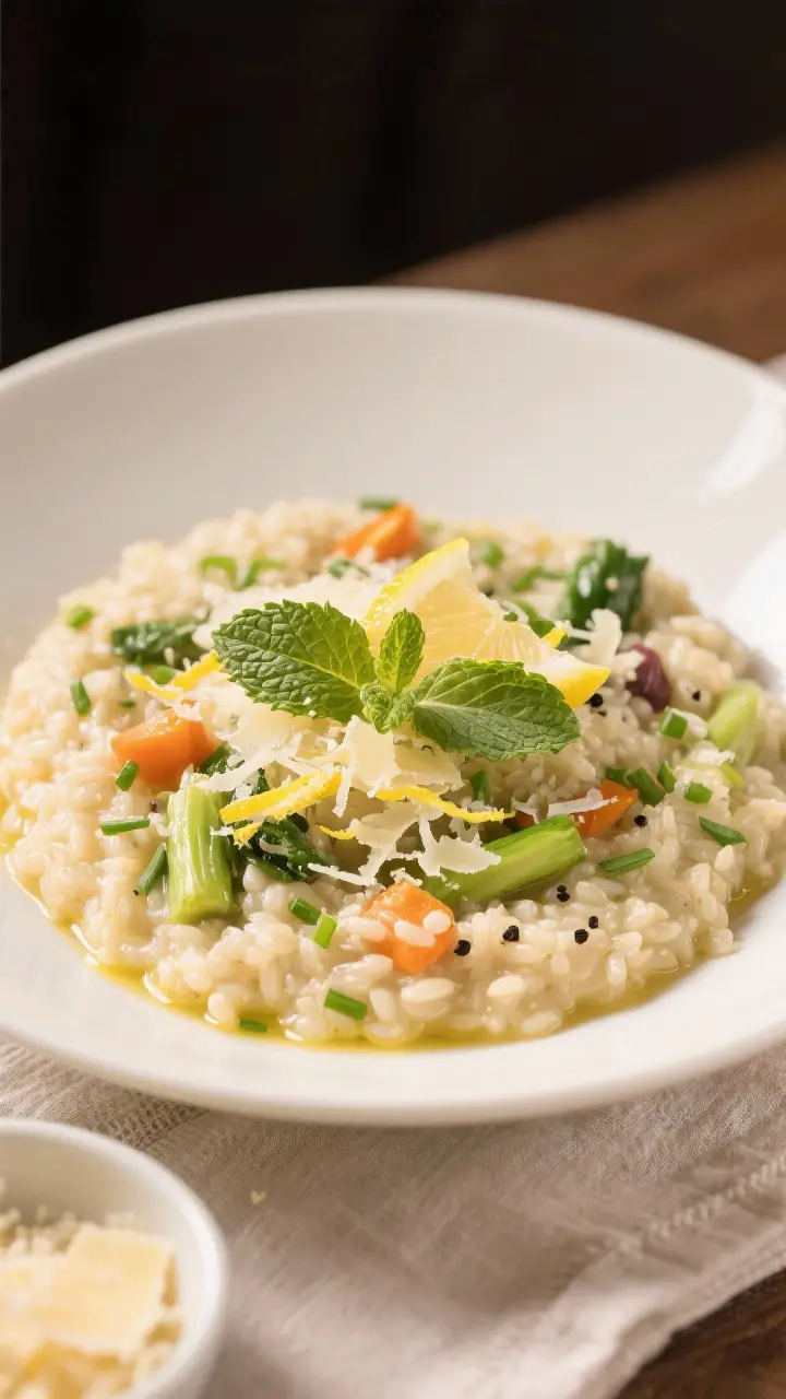 Final dish presentation: Beautifully plated Spring Vegetable Risotto in a warm, shallow white bowl;