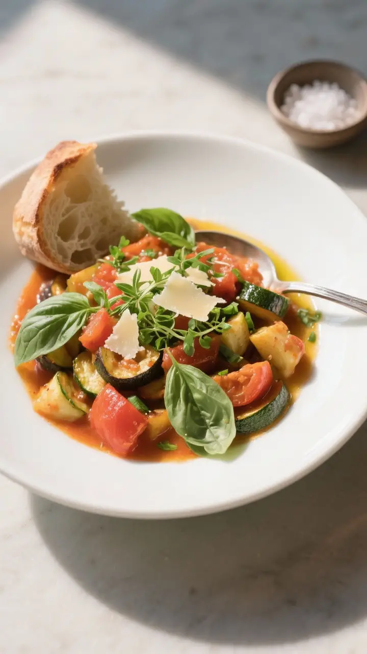 Final dish presentation: Beautifully plated springtime ratatouille spooned into a shallow white bowl