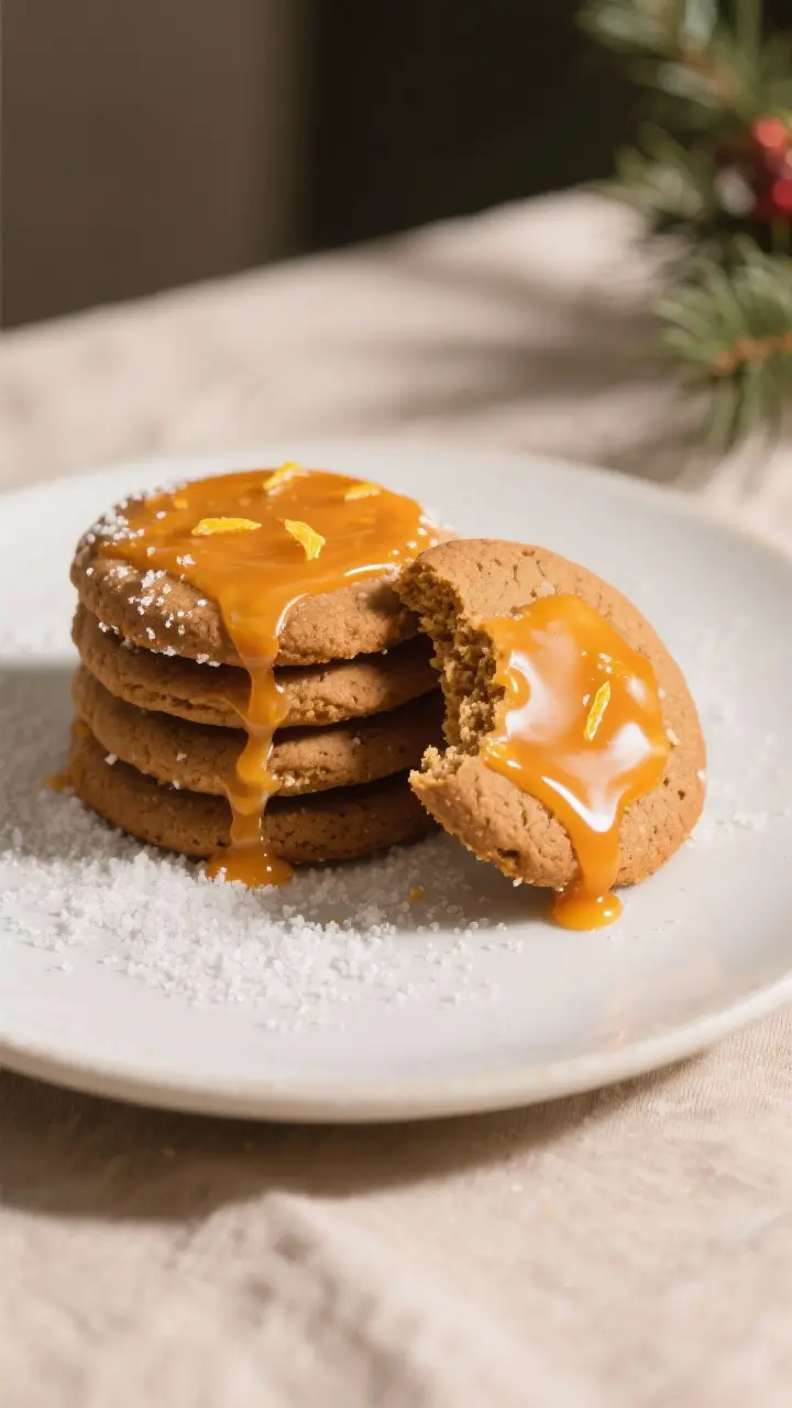 Final dish presentation: beautifully plated stack of orange-glazed gingerbread cookies on a matte wh