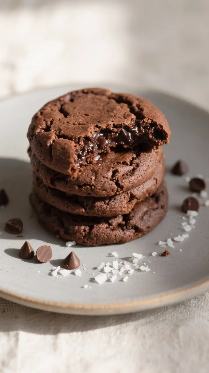 Final dish presentation: Beautifully plated stack of triple chocolate cookies on a matte ceramic pla