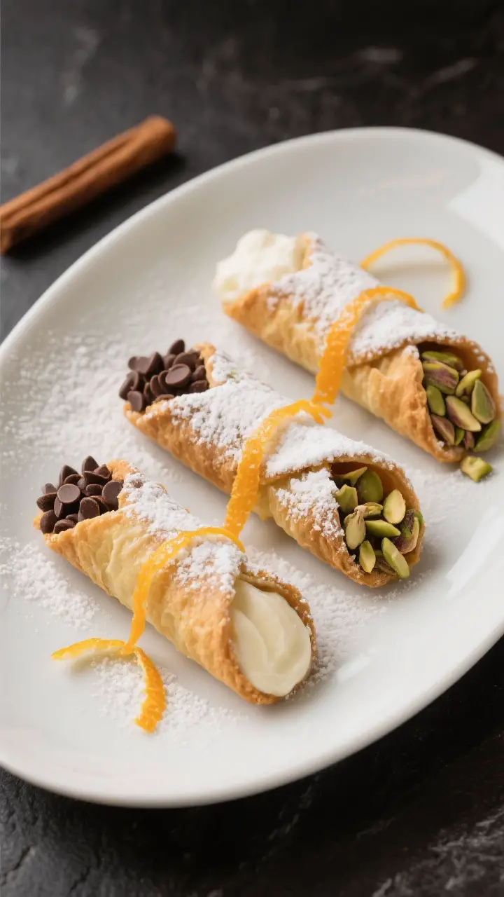 Final dish presentation: Beautifully plated trio of cannoli on a matte white oval plate, ends dipped