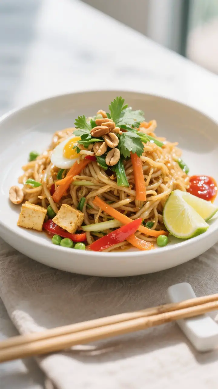 Final dish presentation: Beautifully plated Vegetable Pad Thai twirled high in a low, wide matte-whi