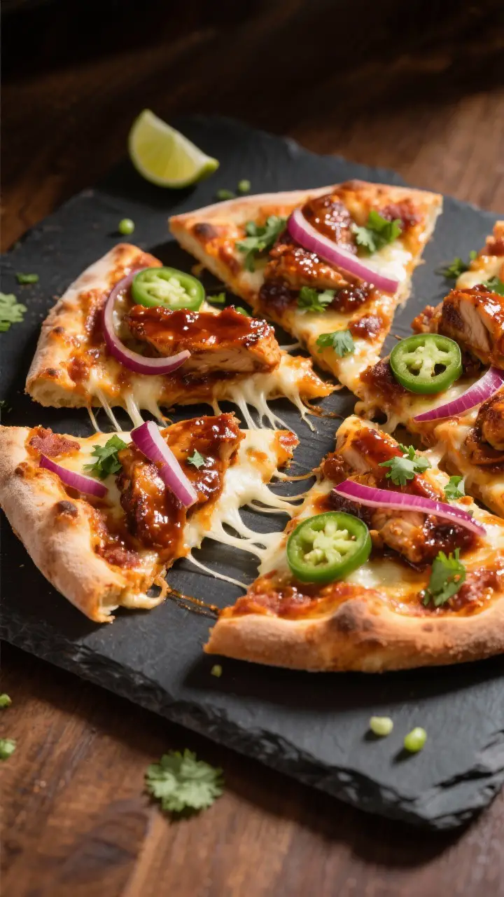 Final dish presentation: Beautifully sliced BBQ chicken pizza on a dark stone serving board, slices 