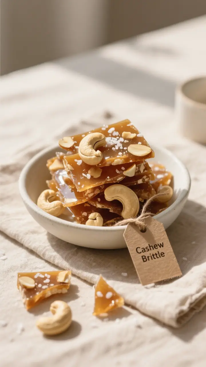 Final dish presentation: Beautifully styled shards of cashew brittle stacked in a low, matte white b