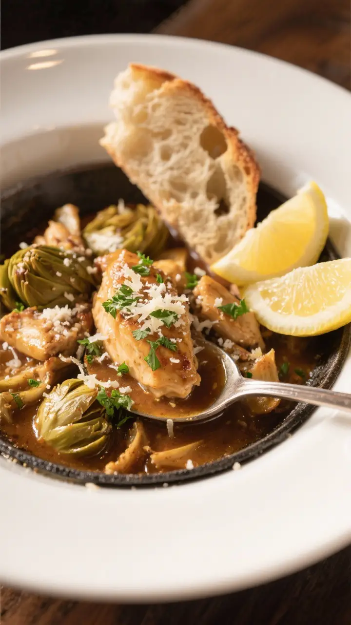 Final dish presentation: Chicken and Artichoke Skillet plated in a low, wide white bowl with a gener