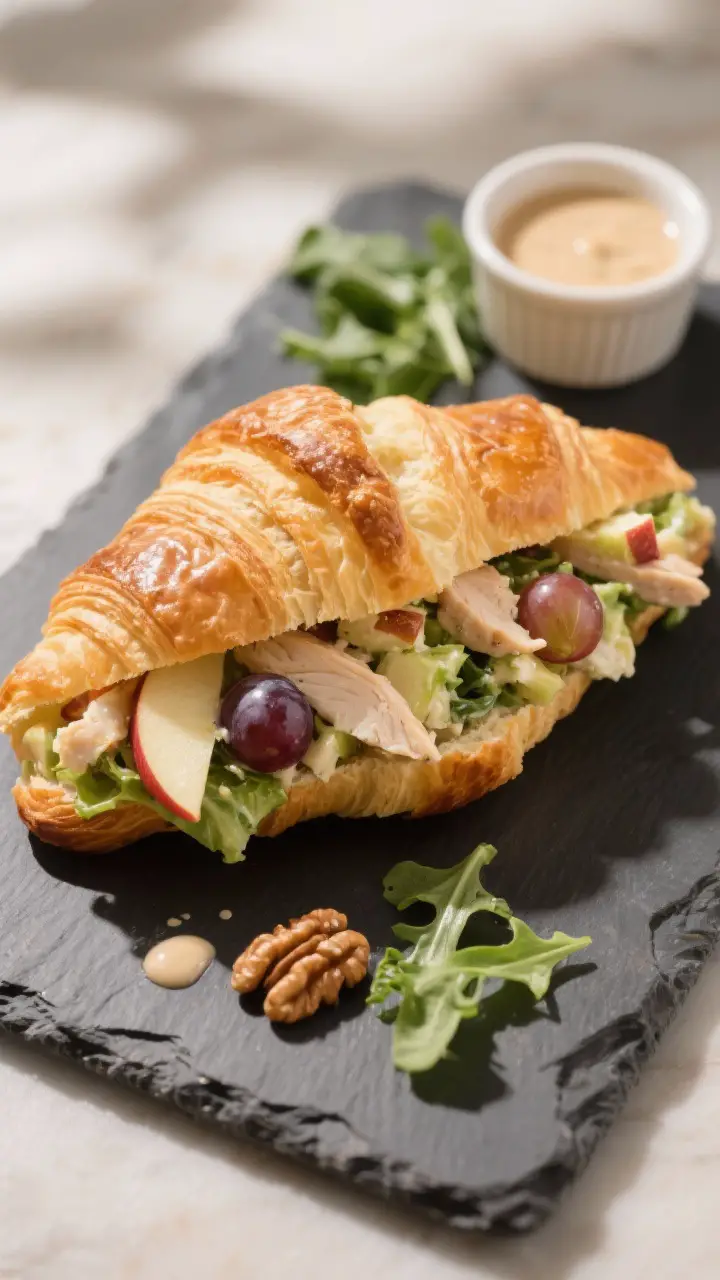 Final dish presentation: Chicken Waldorf Salad luxuriously tucked into a flaky split croissant, fill