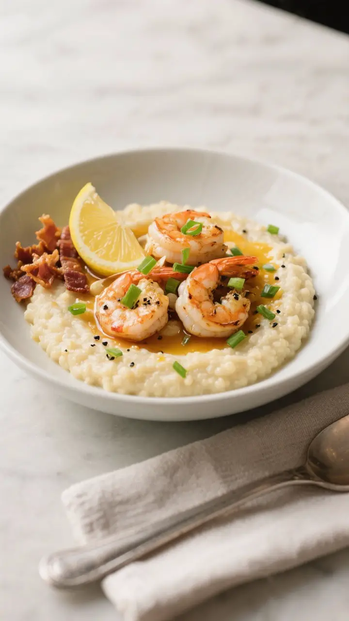 Final dish presentation: Creamy Southern-style cheddar grits spooned into a wide, matte-white bowl, 