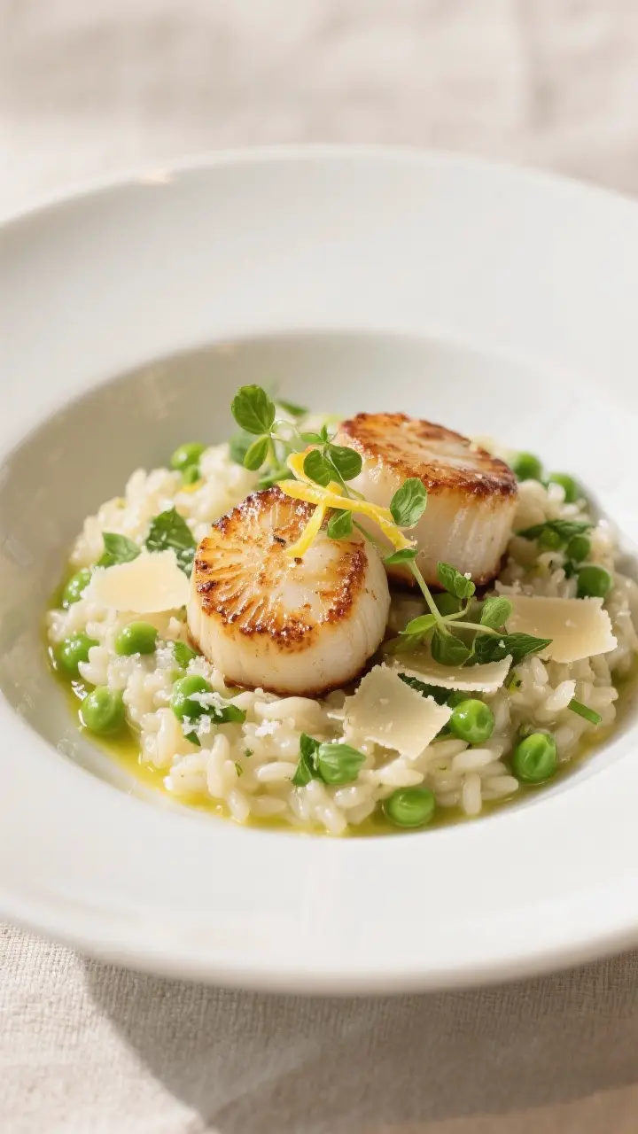 Final dish presentation: Elegantly plated pan-seared scallops atop spring pea risotto in a wide, sha