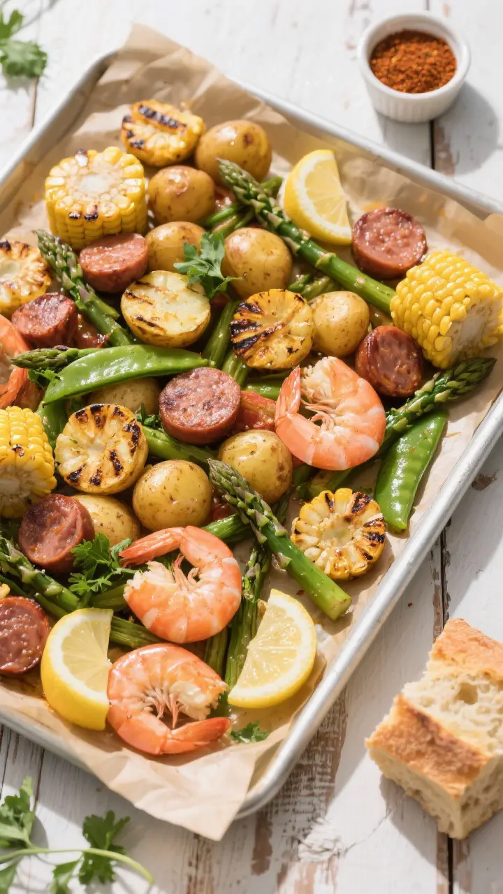 Final dish presentation for the table: Tasty of the complete sheet pan shrimp boil served family-sty