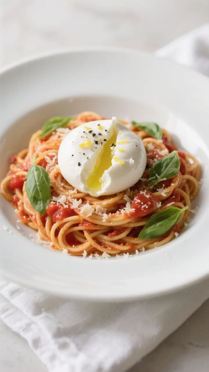 Final dish presentation: Fresh Tomato Basil Pasta with Burrata plated in a wide white shallow bowl,