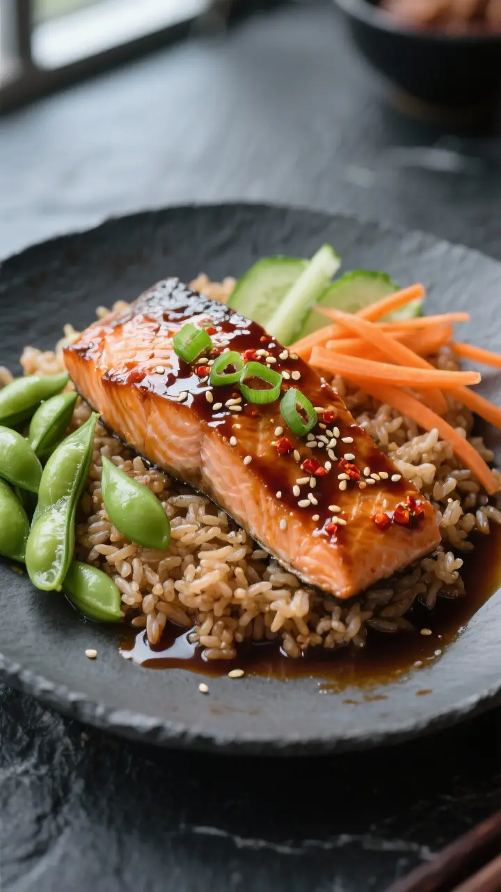Final dish presentation: Hero plate of teriyaki-glazed salmon fillets set over fluffy brown rice, wi