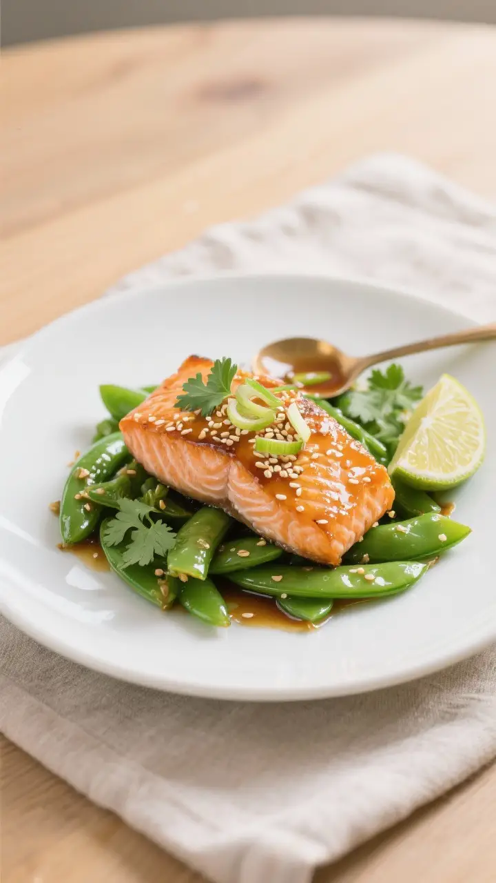 Final dish presentation: Honey Lime Glazed Salmon plated over a bed of sautéed snap peas on a matte