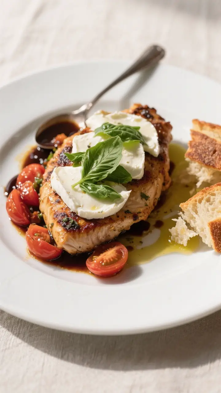 Final dish presentation: One Pan Chicken Caprese plated restaurant-style—juicy chicken topped with