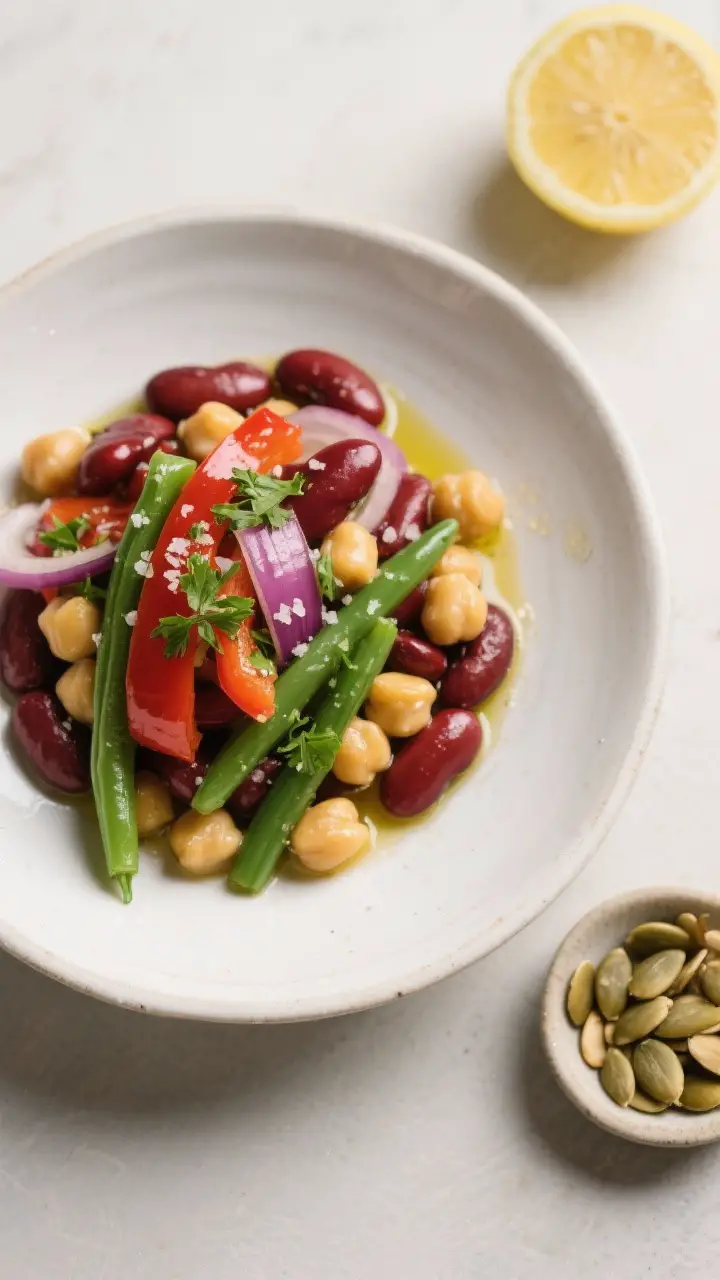 Final dish presentation: Overhead shot of a beautifully plated serving of three bean salad in a wide